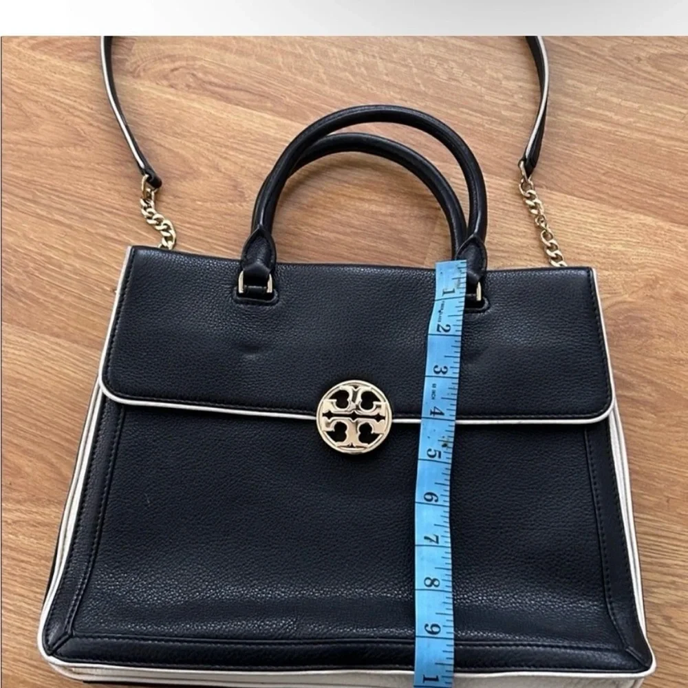 Tory Burch Black Leather Satchel with Gold Emblem